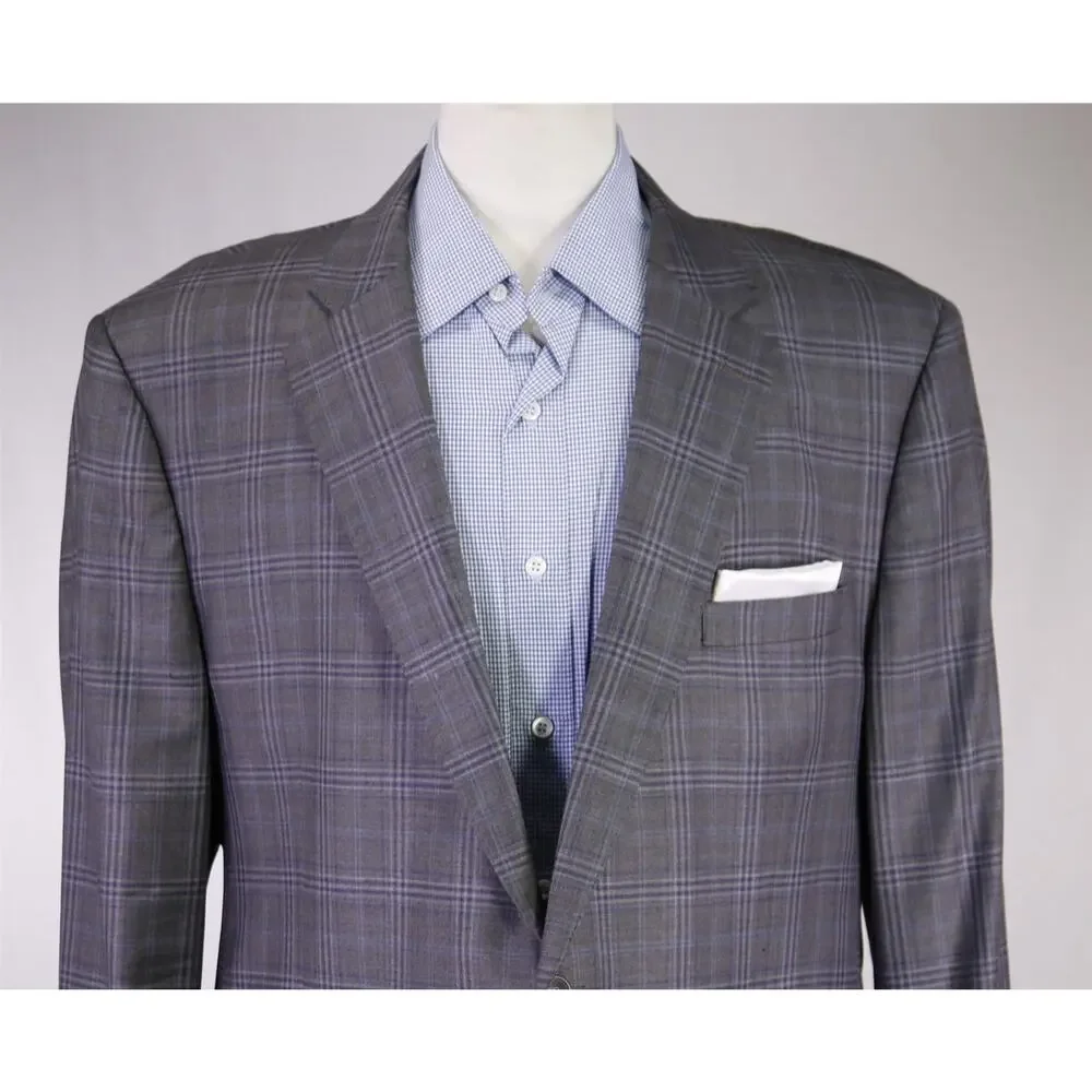 G. Manzoni Gray Blue Windowpane Super 130's Wool Sportcoat Blazer 46R